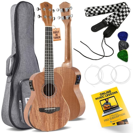 Pyle Acoustic-Electric Ukulele - Solid Top Mahogany Ukulele with Full Starter Package PUKTEA22